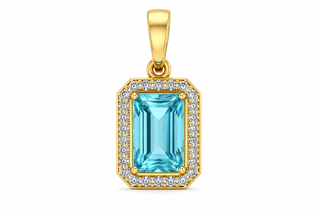 Emerald Cut Blue Topaz Diamond Halo Pendant