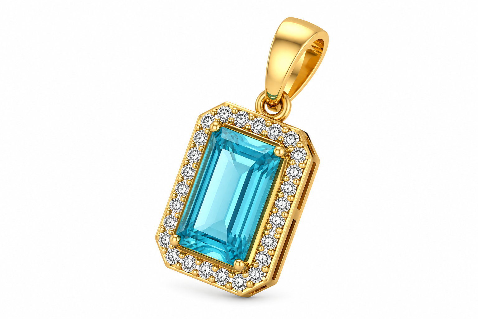 Emerald Cut Blue Topaz Diamond Halo Pendant