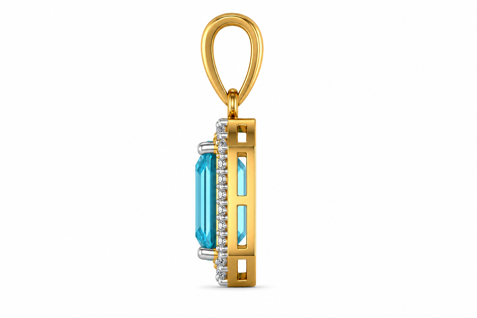 Emerald Cut Blue Topaz Diamond Halo Pendant