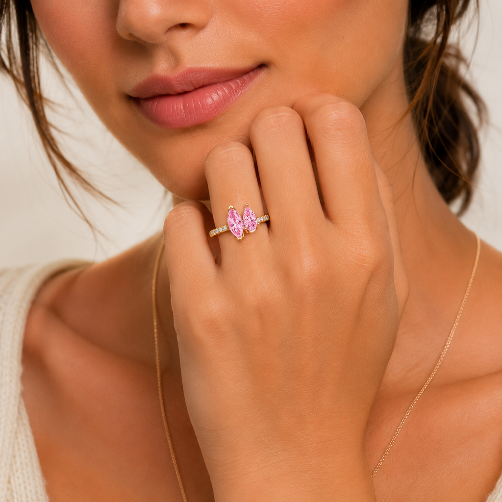 Marquise and Pear Cut Pink Diamond Toi et Moi Ring