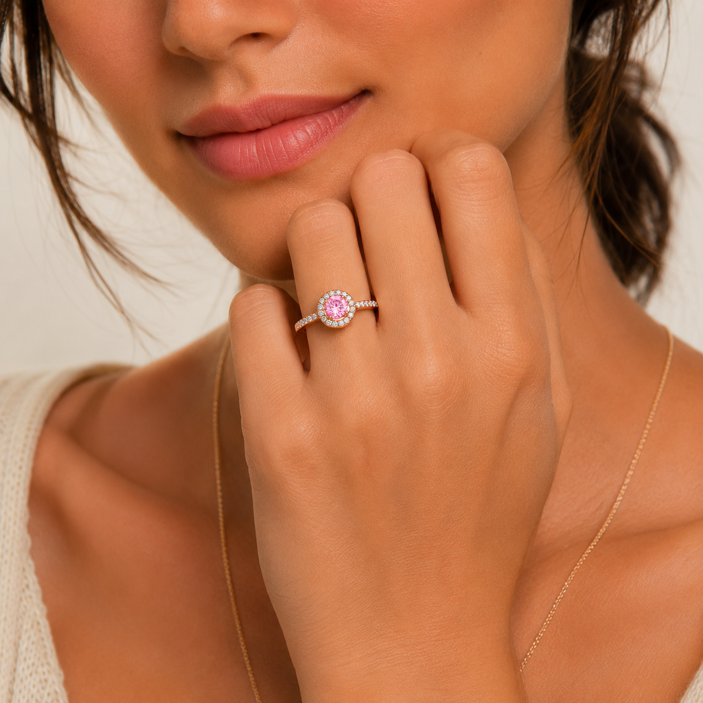 Pink Round Diamond Halo Engagement Ring